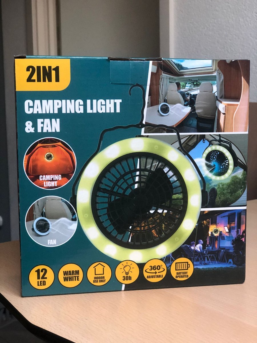 MerkloosMerkloos Camping Lampje & Ventilator - 2-in-1 - Led - 360º - Batterij - met ophanghaak - camping accesoires - kleine ventilator - ventilator batterij zwart