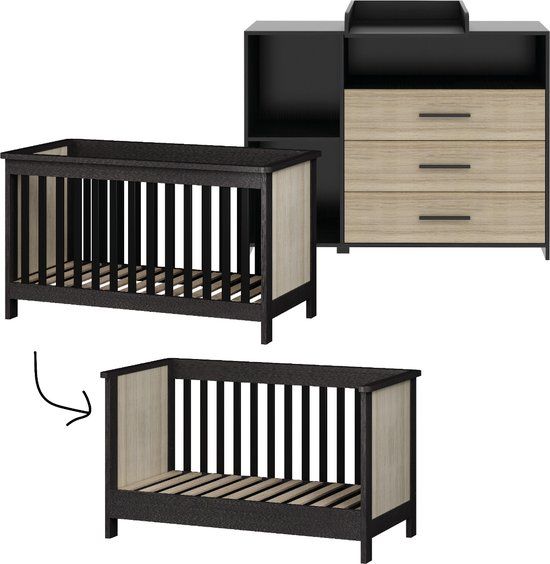 Cabino Born Lucky Reno Meegroei Babykamer 2 Delig Compleet – Baby bed 70x140 cm & Commode – Zwart