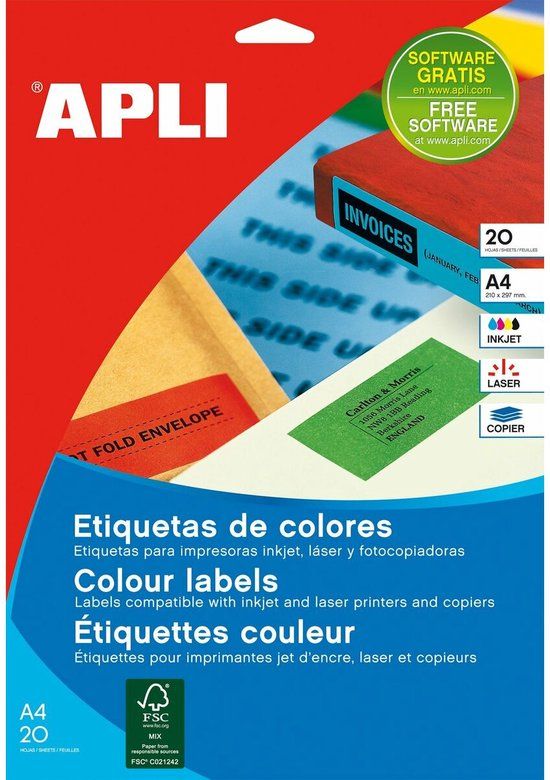 Apli Stickers/etiketten Blauw A4 20 Lakens 210 x 297 mm