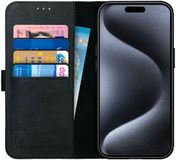 Rosso Deluxe Echt Leer Book Case Hoesje Geschikt voor Apple iPhone 15 Pro Max | Zwart