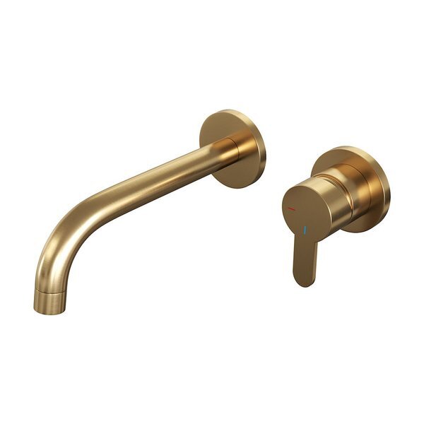 Brauer Gold Edition wastafelkraan inbouw ColdStart met inbouwdeel met ronde rozetten en gebogen uitloop type B4 greep messing geborsteld goud 5-GG-004-B4-65