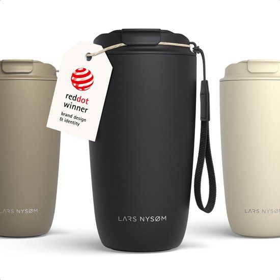 LARS NYSØM Nøgen Thermo Coffee Mug-to-go 500ml - BPA-vrij met Isolatie - Met Draagriem & Tritan Deksel (Carbon Black)