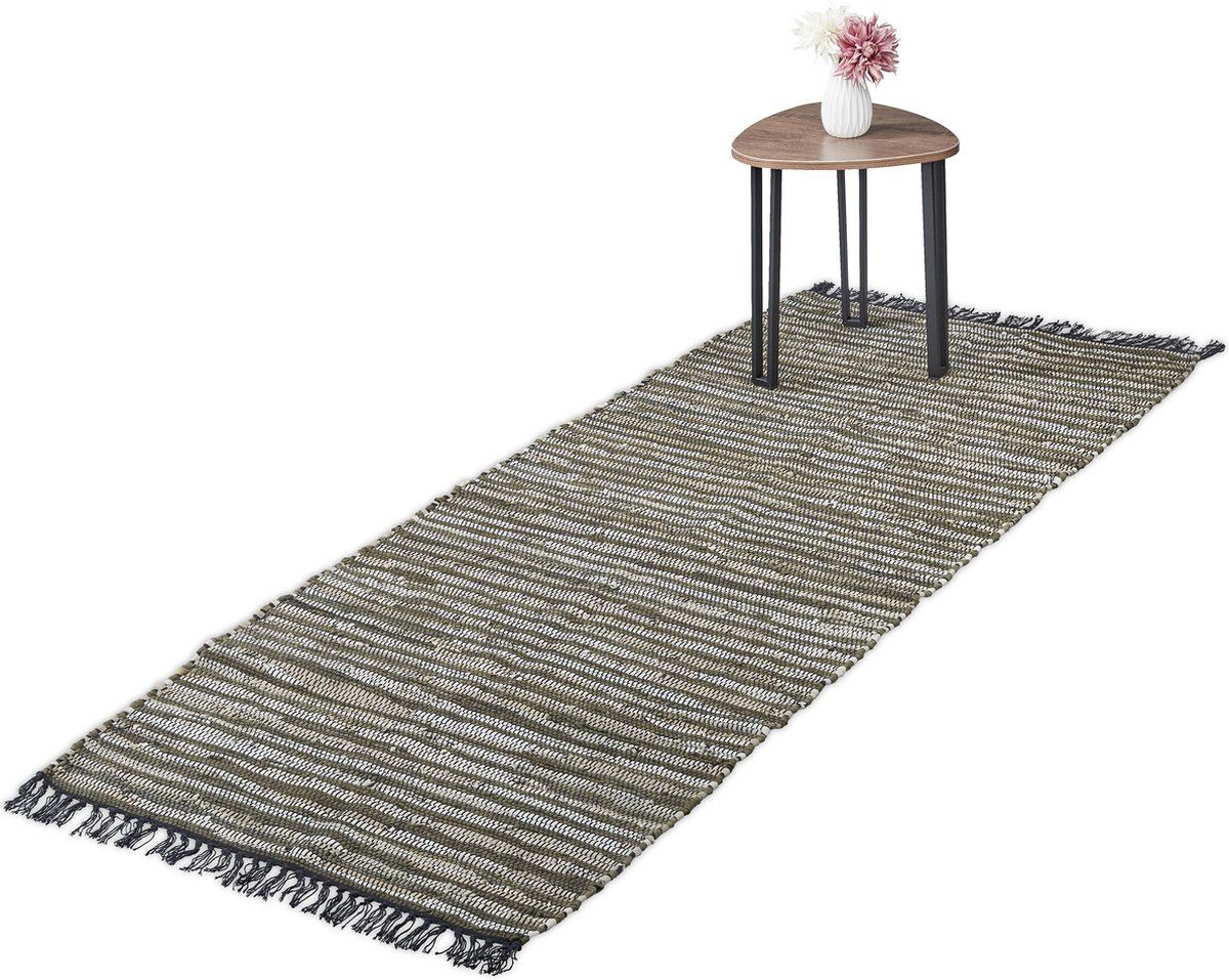 Relaxdays Vloerkleed - Leder en Katoen - Antislip - Groen - 80 x 200 cm