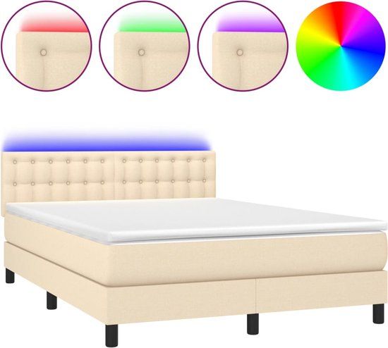 vidaXL Boxspring met Matras en LED Stof Crèmekleurig 140x200 cm