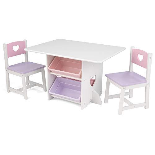 KidKraft 26913 Heart, set van houten tafel met 2 stoelen en opbergbakken, meubels voor de kinderslaapkamer of speelkamer, wit met pastelkleuren