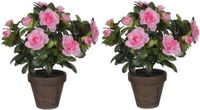 Mica Decorations Kunstplant - 2x - Azalea - groen/lichtroze - 27 cm - Met mooie bloemen