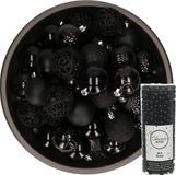 Decoris Boules de Noël - 37x pièces - 6 cm - incl. guirlande de perles - noir - plastique