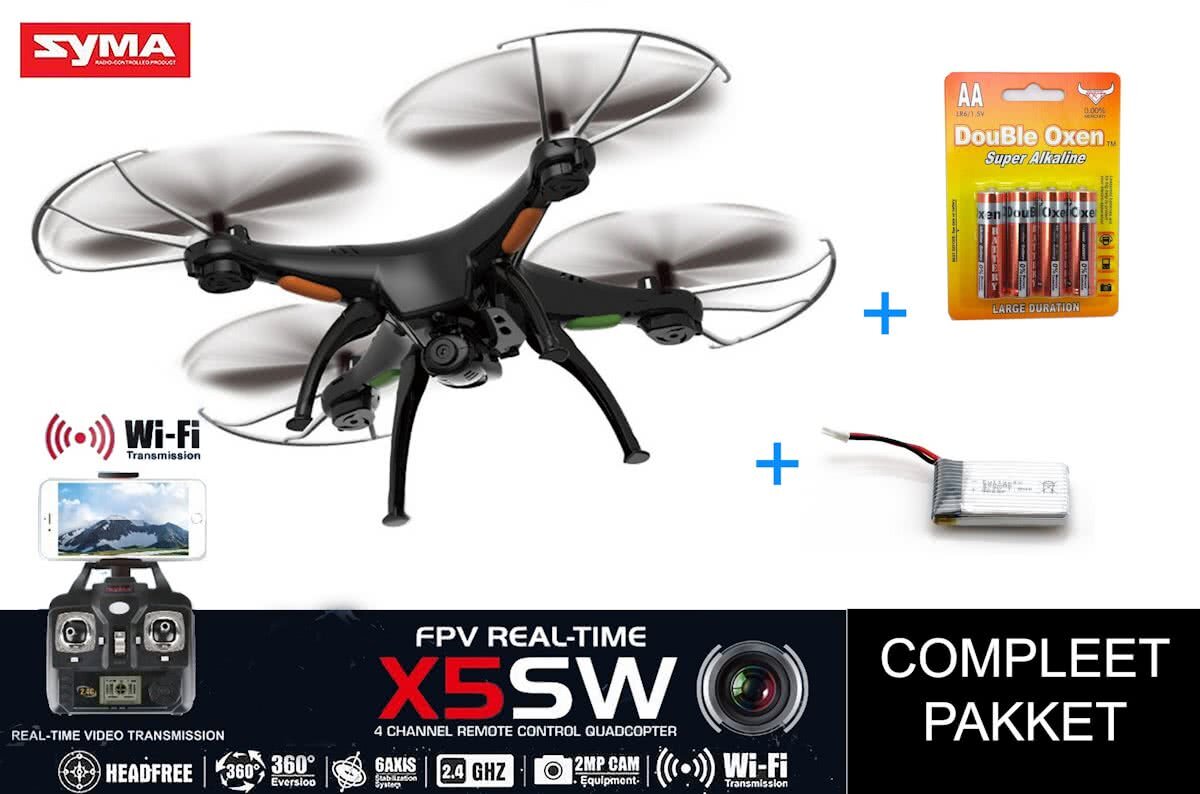 SYMA X5SW Live Cam FPV Drone 2.4ghz + Extra Accu pack + Extra AA pack Black Edition