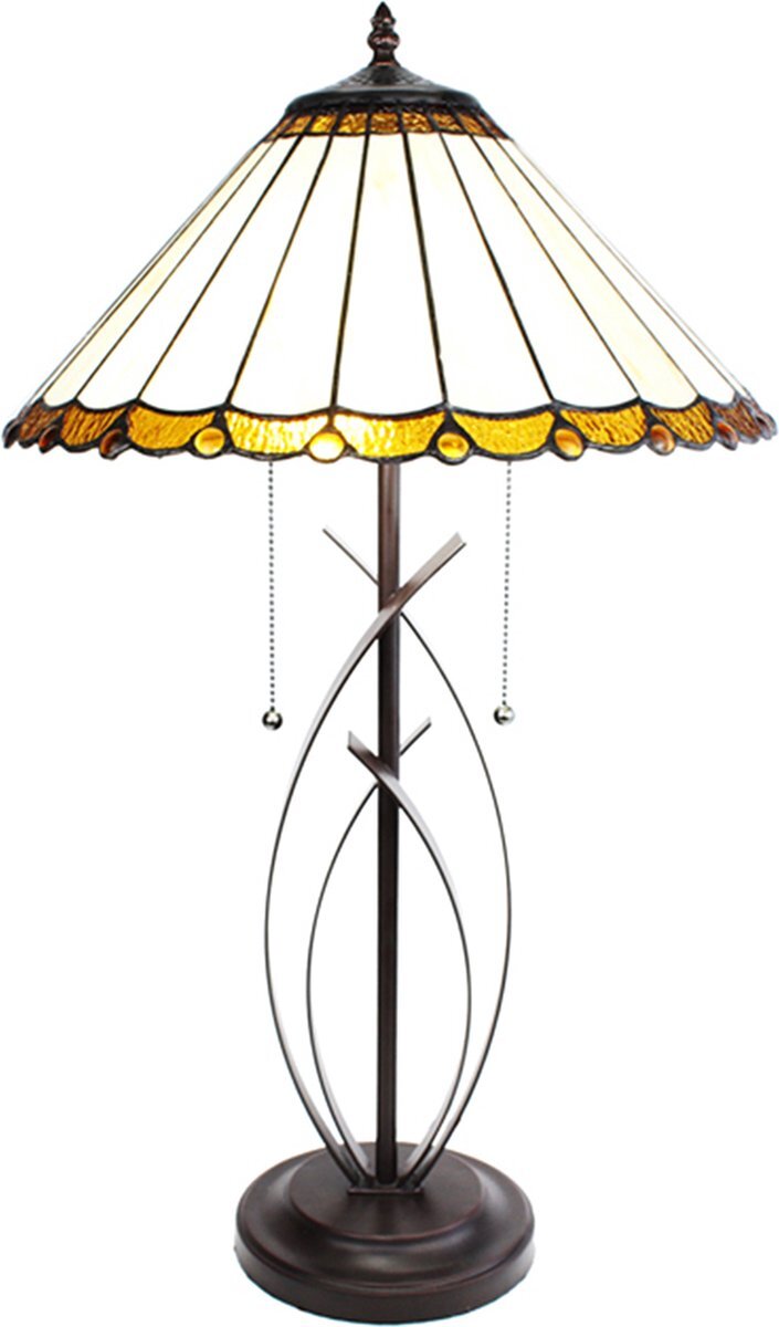 HAES deco - Tiffany Tafellamp Ø 41x69 cm Beige Bruin Glas Kunststof Rond Tiffany Bureaulamp Tiffany Lampen Glas in Lood