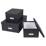 Bigso Box of Sweden Set van 3 opbergdozen voor de slaap-, kinder-, werk- of badkamer, stapelbare opbergbox met deksel, opbergdozen van vezelplaat en papier, donkergrijs