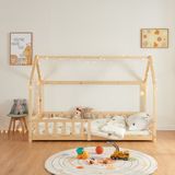 en.casa Kinderbed Hesel huisbed met matras en uitvalbeveiliging 90x200 cm houtkleurig
