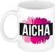 Bellatio Decorations Aicha naam cadeau koffie mok - beker - met roze verfstrepen - Cadeau collega - moederdag - verjaardag - juf - coach - 300 ml - wit