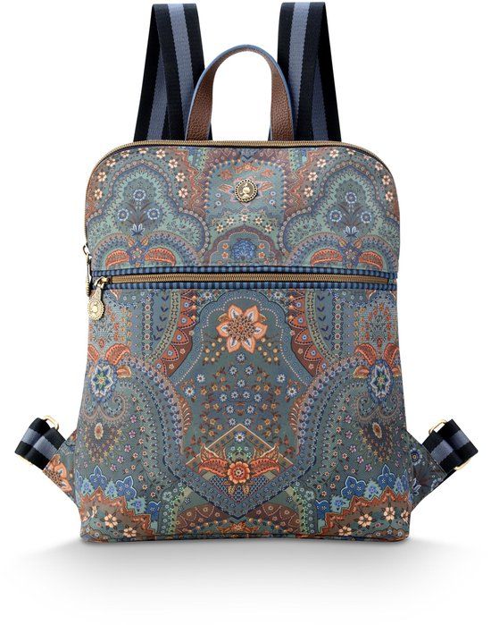 Pip Studio Rugzak Finlee - Dames Rugtas met Jabali-print - Blauwe Tas met satijnen finish - 28x11x36cm - Twee binnenvakken