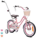 Sun Baby Heart Bike Fiets voor een meisje van 3 tot 5 jaar, 14 inch Roze, met fietsbel, zijwieltjes, duwstang en stuurmandje