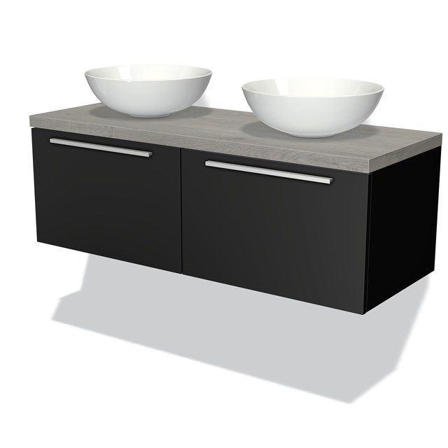 Maxaro Badkamermeubel voor Waskom 120cm Modulo Plato Mat Zwart 2 Lades Vlak Grijs Eiken Blad