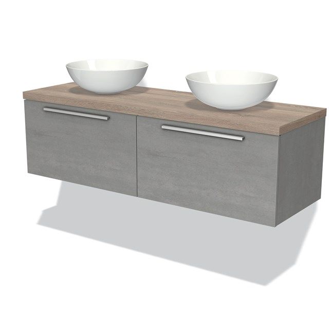 Maxaro Badkamermeubel Modulo Plato 140cm Lichtgrijs Beton 2 Lades Vlak Eiken Blad