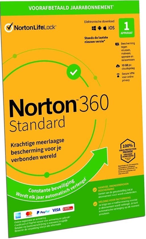 Norton Norton 360 Standard 2021, antivirussoftware, internetbeveiliging, 1 Apparaat, 1 Jaar, Secure VPN en Password Manager, PC, Mac, tablet of smartphone