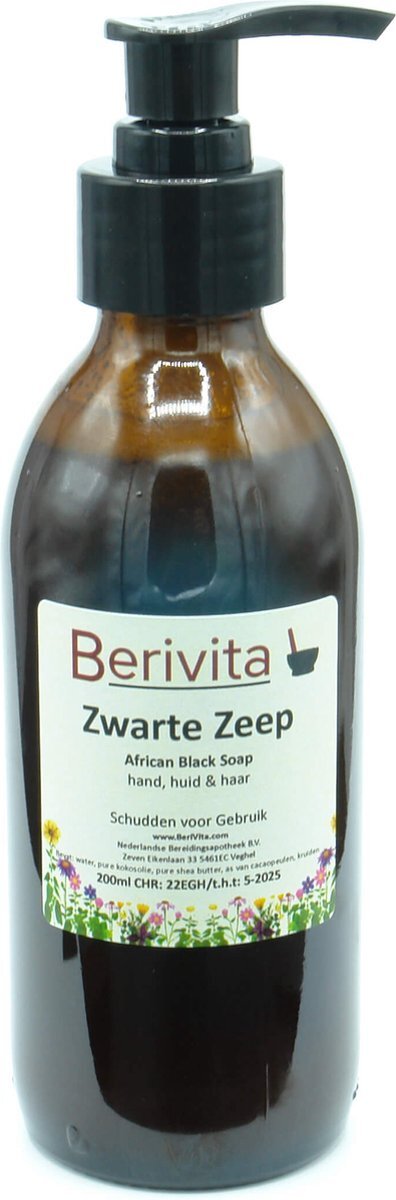Berivita Afrikaanse Zwarte Zeep 200ml Pompfles Glas - Natuurlijke Vloeibare Handzeep - Huid, Haren - African Black Soap