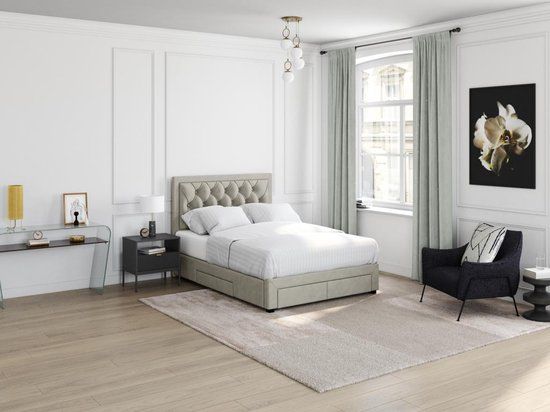 Merkloos Tweepersoons bed 140x190 cm - Champagnekleurig velours + matras - Beige