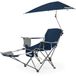 Sport-Brella Fauteuil - 3 verstelbare opties met draaibare klemparaplu, inclusief koeler, flesopener en bekerhouder, ideaal voor strand, sportevenementen en kamperen, 60 cm x 100 cm, blauw