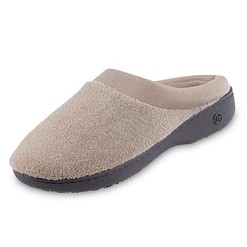 isotoner Women's Terry and Satin Slip-On Padded Slipper with Memory Foam for Indoor/Outdoor Comfort