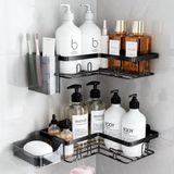 YEAUPE PRO Hoekdouche Caddy zonder boren, 4-delige badkameropbergset met 2 hoekdoucheplanken, tandenborstelhouder en zeepschaal, extra groot 60 × 140 mm lijm, roestvrij metaal, zwart