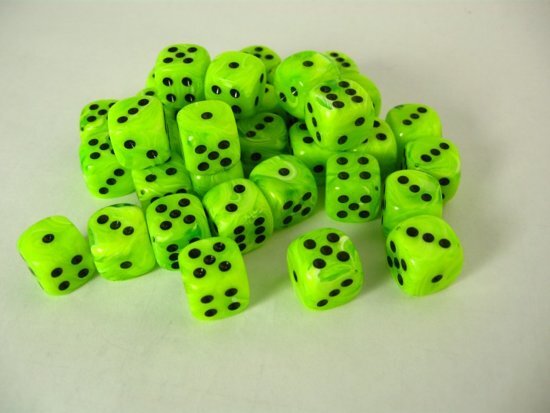 Chessex dobbelstenen set 36 6-zijdig 12 mm Vortex bright green w/black