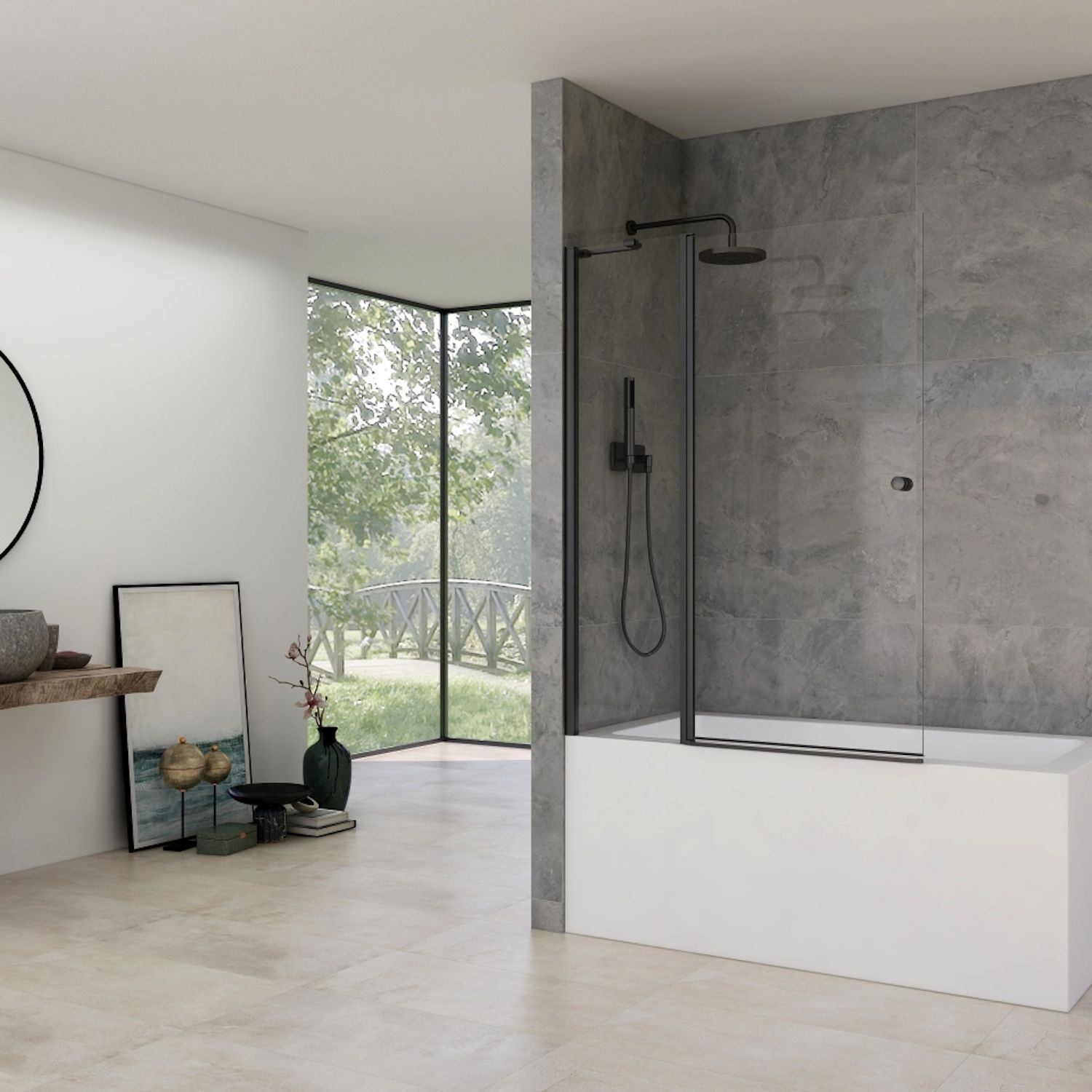 Van Rijn ST02 Badwand - Klapwand + Vaste Wand - 120x150 cm - Helder Glas - Zwart