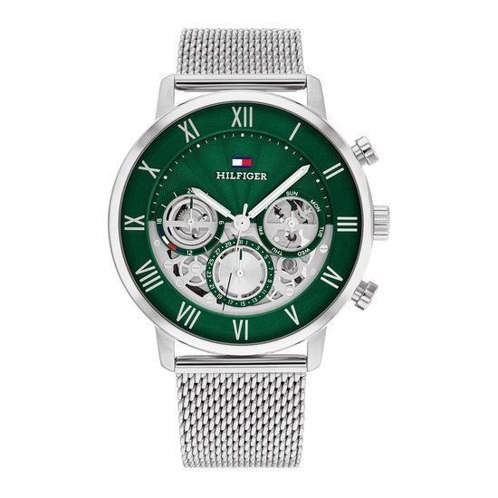 Tommy Hilfiger Legend Heren Horloge TH1710567 - Zilverkleurig Stalen Horloge met Groene Wijzerplaat - 44mm