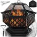 tillvex® Vuurschaal met Vonkenbescherming & Grillrooster | Buitenhaard voor de Tuin | 4-in-1 BBQ Grill met Afdekking, Pook, Tang & Houtskoolrooster Zwart (Zeshoekig)