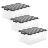 Rotho Compact Set van 3 opbergboxen 38l met deksel, Kunststof (PP) BPA-vrij, antraciet/transparant