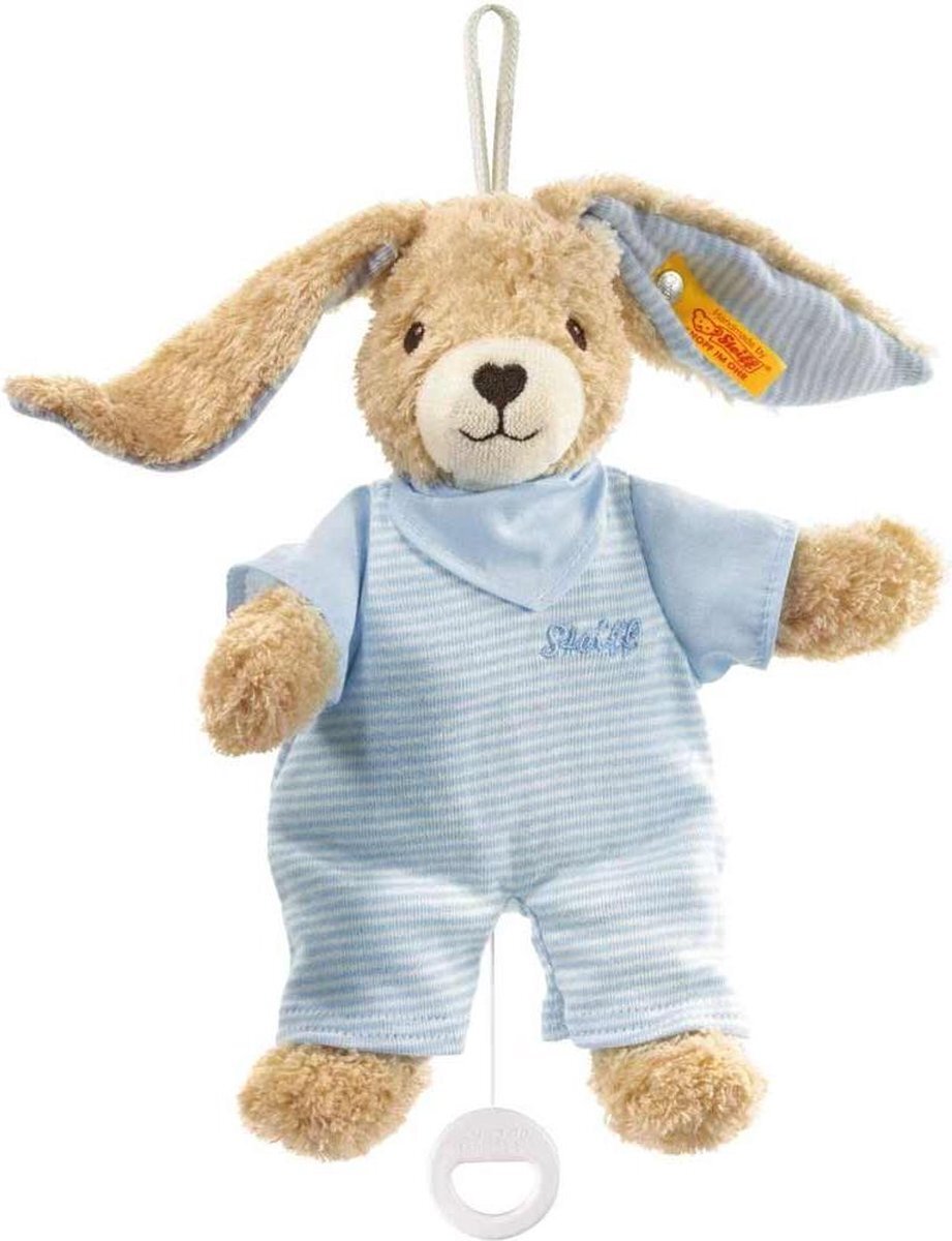 Steiff Hoppel konijn speeldoos 20 cm. EAN 237515 blauw