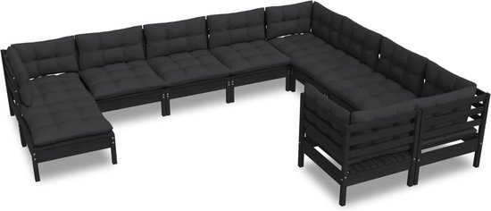 vidaXL 10-delige Loungeset met kussens grenenhout zwart