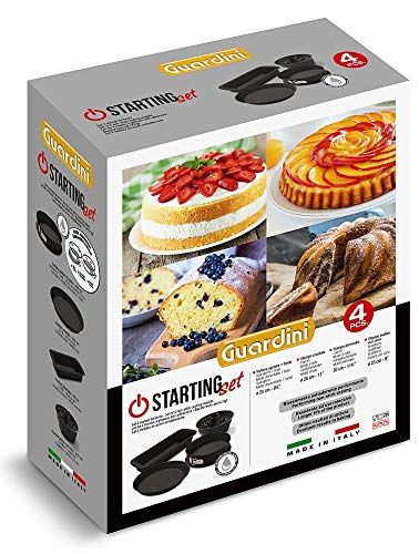 Guardini Box startset voor schappen: springvorm 24 cm + Crostata28 cm + Plumcake30 + Budino met kegel 23, staal met anti-aanbaklaag, zwart