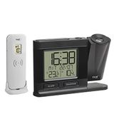 TFA Dostmann projectie-wekkerradio, 60.5018.01, digitale radioklok, met netvoeding, met buitentemperatuursensor, incl. thermo-hygrometer, dimbaar, slaapkamerkklok, met weekdag, zwart