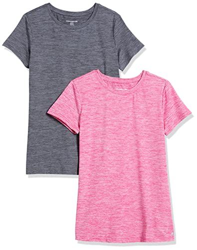 Amazon Essentials Women's Tech Stretch Short-Sleeve Crewneck T-Shirt (Available in Plus Size), 2-Pack, Dark Grey Space Dye/Raspberry Space Dye, L