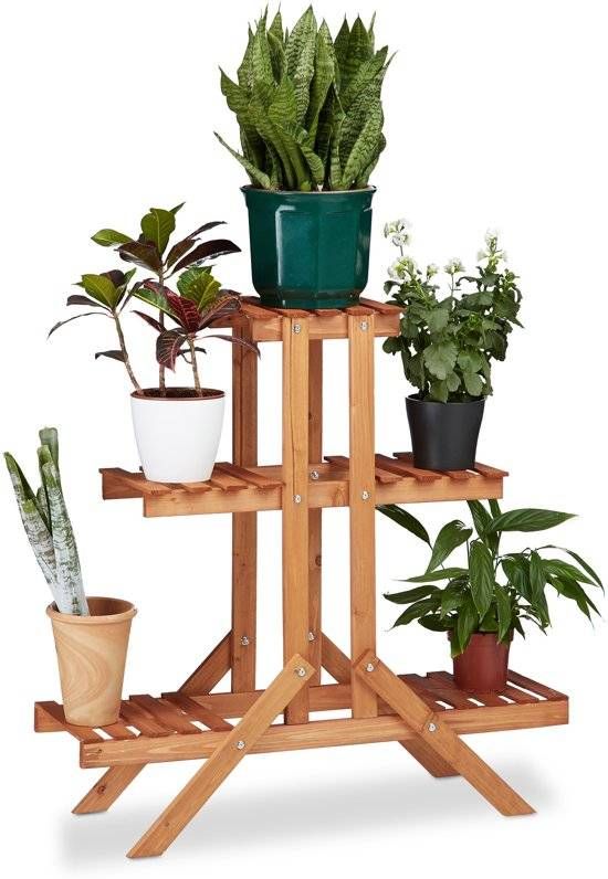 Relaxdays - plantenrek 3 etages - plantentrap van hout - bloementrap - bloemen honing Brown