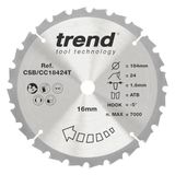 Trend Accu verstekzaagblad voor hout, diameter 184 mm, boring 16 mm, 24 tanden, zaag 1,6 mm, haak -5°, CSB/CC18424T