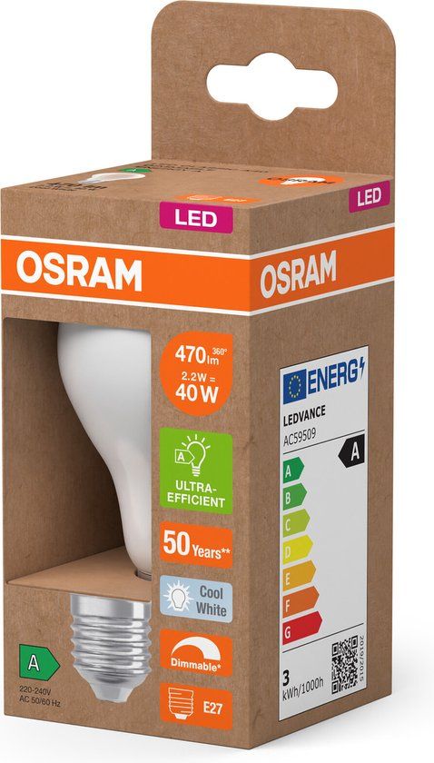 Osram Classic LED E27 Peer Filament - 2.2W - 470lm - 4000K - Dimbaar