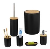 Merkloos Relaxdays badkamer set, 6-delig, zwart/lichtbruin/zilver
