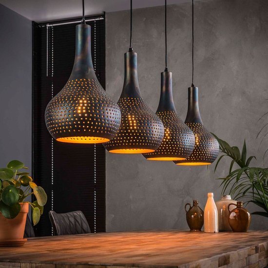 Zijlstra Landelijk industriele 4 lichts hanglamp gunmetal zwart