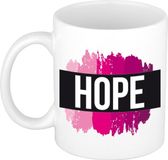 Bellatio Decorations Hope naam cadeau koffie mok - beker - met roze verfstrepen - Cadeau collega - moederdag - verjaardag - juf - coach - 300 ml - wit
