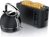 Arendo Set petit déjeuner acier inoxydable, bouilloire avec réglage de la température 1,7l, grille-pain 4 fentes longues, grille-pain 4 fentes, support à petits pains, Touch, noir