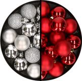 Merkloos / Sans marque Billiet - Vanlaere Kerstballen 36x stuks - 3 en 4 cm - zilver en rood - kunststof
