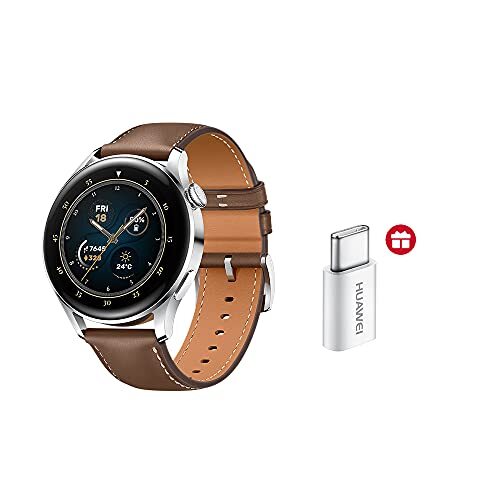 Huawei Watch 3 Smartwatch 4G + adapter type C, AMOLED-display 1,43 inch, eSIM, GPS, armband van bruin leer
