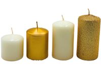 Adventskaarsen, stompkaarsen, adventskranskaarsen, tafelkaarsen, blokkaarsen, tafelkaars in goud-wit en gouden glitter, levering 4 stuks, getrapt van L/B/H 5 x 5 x 5 cm tot L/B/H 5 x 5 x 9 cm