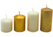 Adventskaarsen, stompkaarsen, adventskranskaarsen, tafelkaarsen, blokkaarsen, tafelkaars in goud-wit en gouden glitter, levering 4 stuks, getrapt van L/B/H 5 x 5 x 5 cm tot L/B/H 5 x 5 x 9 cm