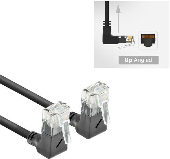 ACT Zwarte 1.5 meter U/UTP CAT6A LSZH Slimline patchkabel met RJ45 connectoren 90° haaks boven naar 90° haaks boven DD6951