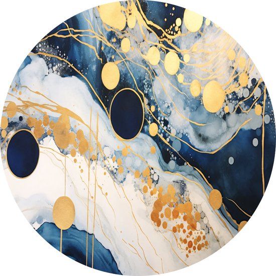 Merkloos / Sans marque Blauw wit schilderij - Goud wandcirkels - Schilderij Art Deco - 60x60 cm