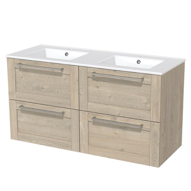 Maxaro Badkamermeubel 120cm Modulo Lichtgrijs Eiken 4 lades Kader Wastafel Keramiek